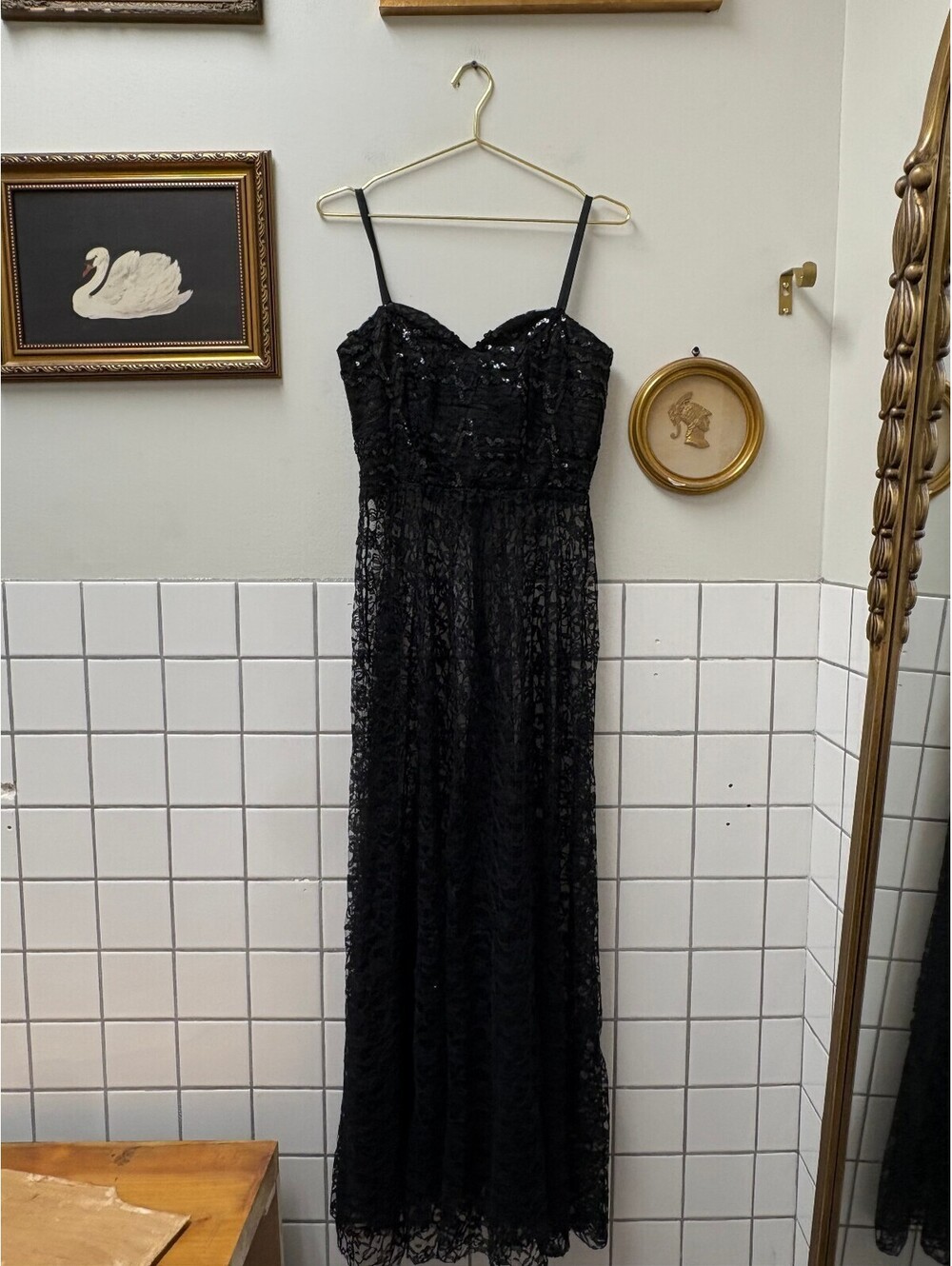 Vintage Vera Mont 1980s Black Sequin and Lace Maxi Dress